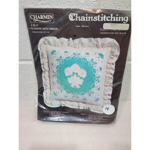 New Flowers with Ribbon Chainstitching Pillow Kit NOS Charmin #3517 14"x14"
